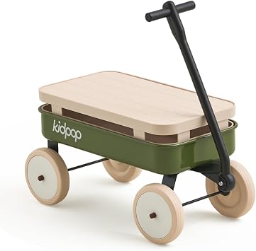 Kids First Pull-Along Wagon with Removable Cover and Basket for Storage, 4-in-1 Push Pull Toy Cart for Toddlers, Lightweight 5.5 lbs, 1st Birthday Gift Green