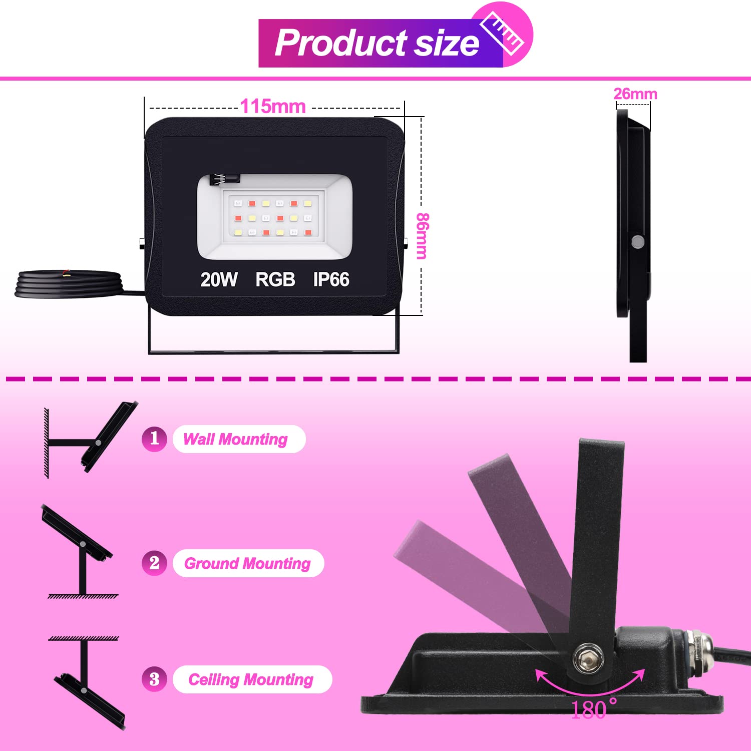 Faretto LED RGB per esterni, 10 pezzi, 20 W, con telecomando, Faretto LED RGB dimmerabile da giardino, 16 colori, 4 modalità, IP66 impermeabile, funzione memoria per feste ed esterni