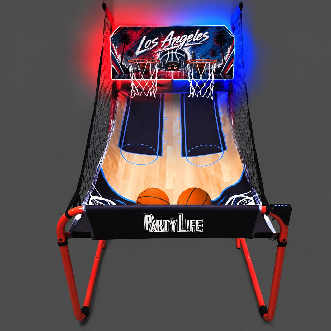 PartyLife 2-Player Basketball Arcade Game w/LED Lights | Electronic Scoring | 5 Balls, 1 Pump, 8 Games | Folding Design | Heavy-Duty Steel Frame