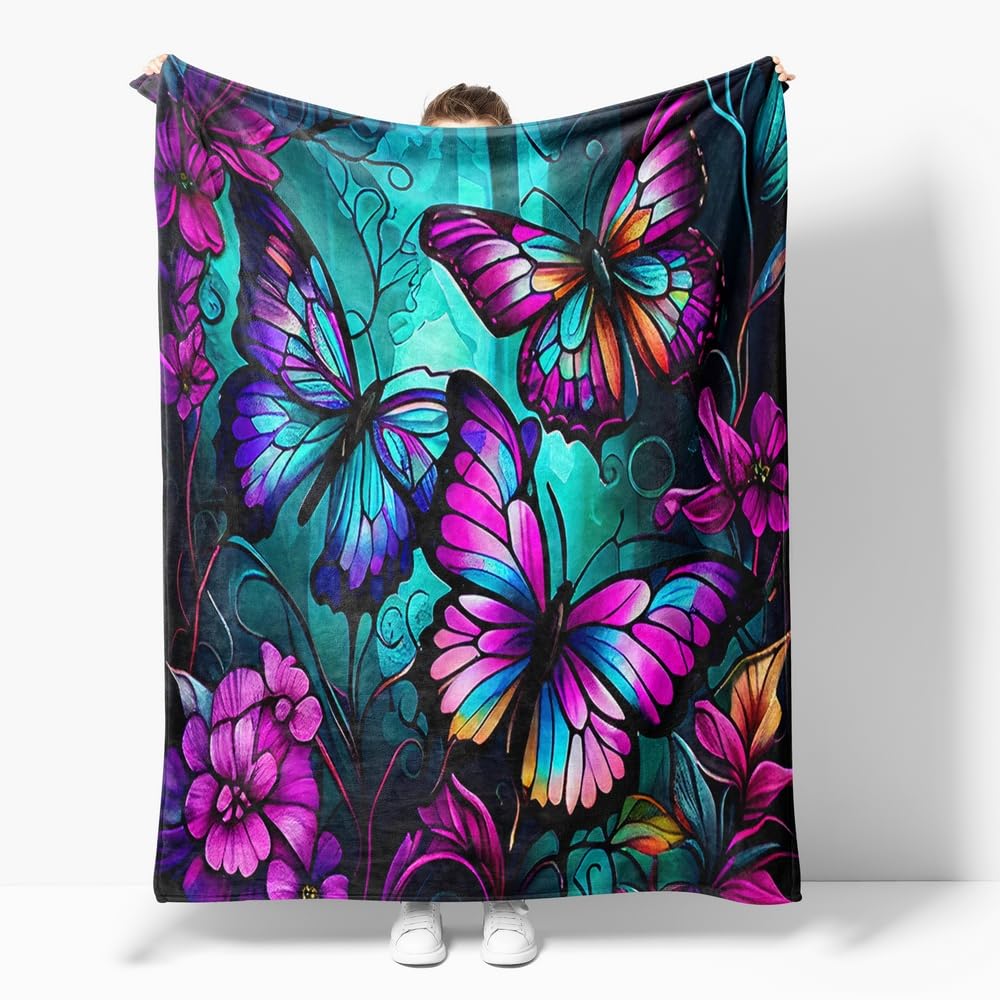 Reateforin Butterfly Neon Throw Blankets for Women Farmhouse Blue Purple Colorful Butterflies Fleece Bed Blankets Ultra Soft Warm All Season Decorative Fleece Blankets for Chair Car Sofa Couch 60"X80" โ image 1