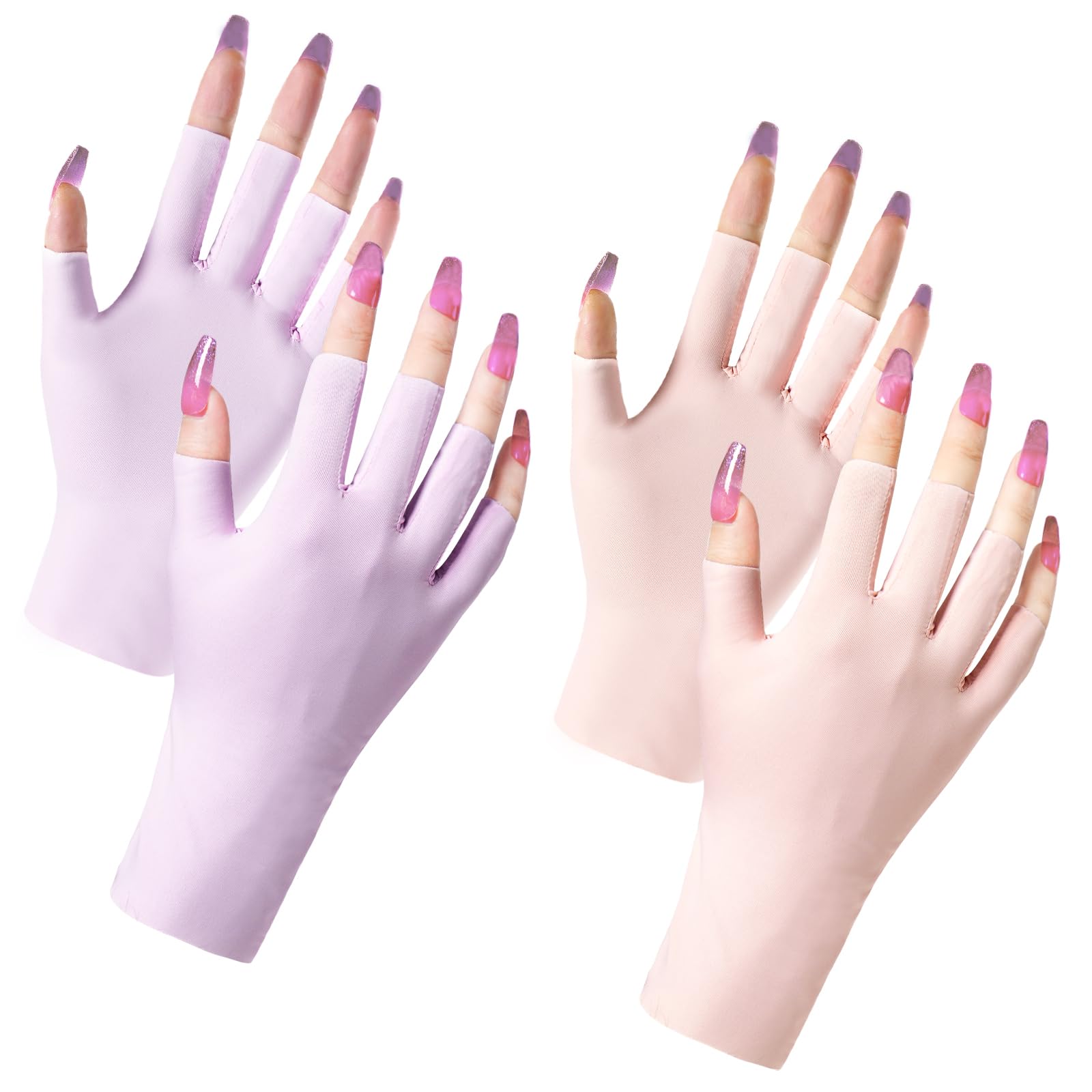 4 Pcs (2 Pair) UV Gloves for Gel Manicures: UPF 50+ Anti UV Gloves for Nails, Protection Gloves for Nail Lamp Skin Care, Fingerless Anti UV Glove Protect Hands from UV Harm (Pink & Purple)
