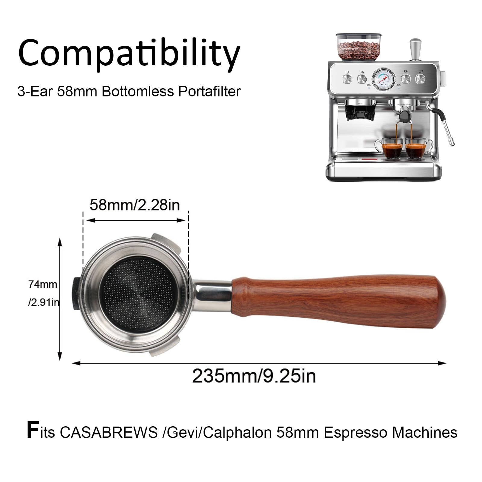 Portafiltro sin fondo de 58 mm, 3 orejas para CASABREWS Ultra y 5700 Series | Se adapta a 4700 Gense y Neutron Pro y otros portafiltros de 3 orejas de 58 mm | Mango de madera