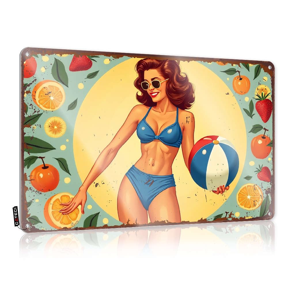 Plaque Clock Wall Decor | Vintage Bikini Girl With Beach Ball. Trendy For Kitchen Bar Home(30X40CM)