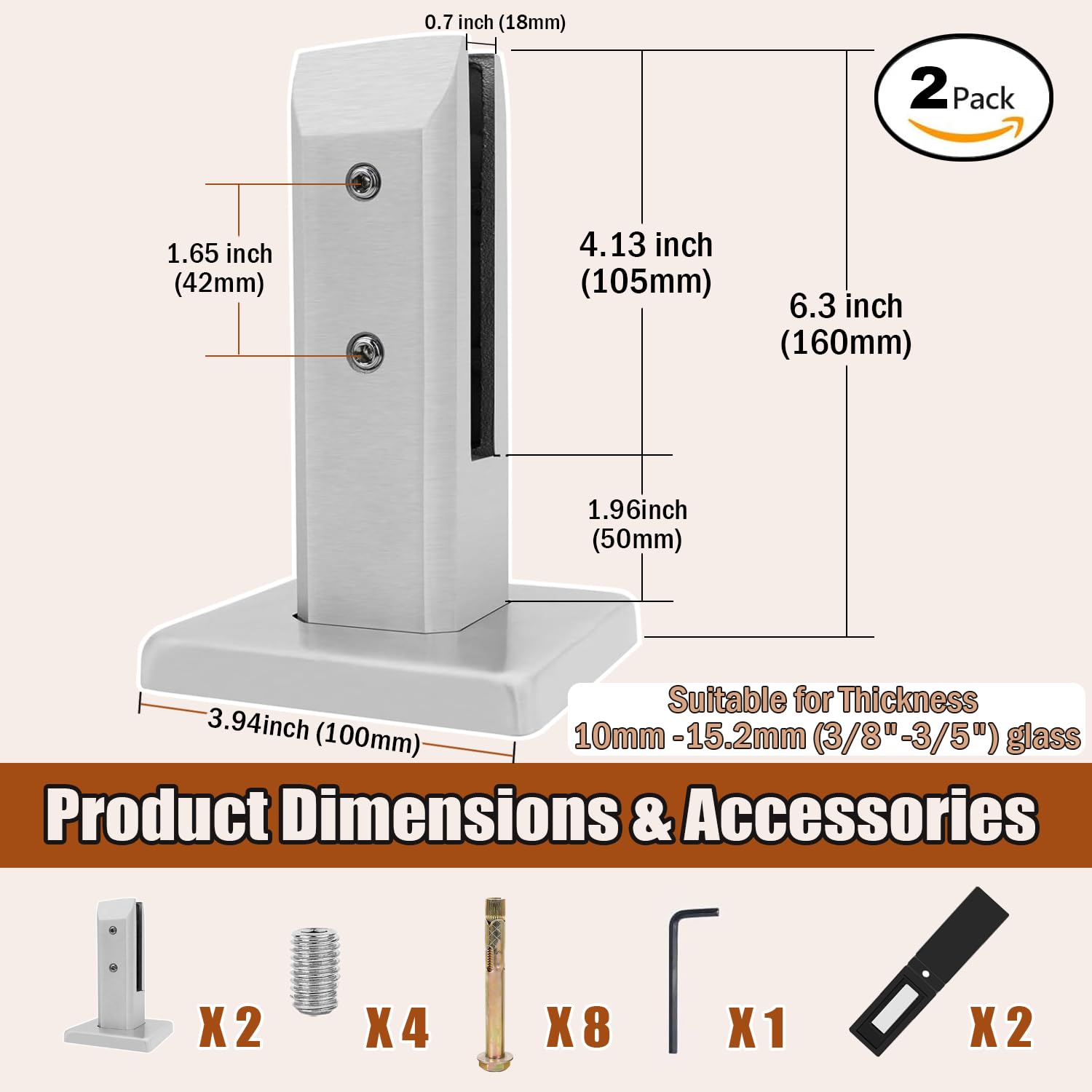 Uchwyt do balustrady szklanej, wytrzymały kwadratowy nosek ze stali nierdzewnej 304 10-15 mm, do ogrodzenia basenu, balkonu, schodów i podwórza, srebrny, zestaw 2 szt. (20 szt