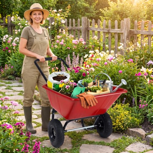 Image of Goplus 2 Wheel Wheelbarrow, 330 LBS Utility Garden Cart (Red)