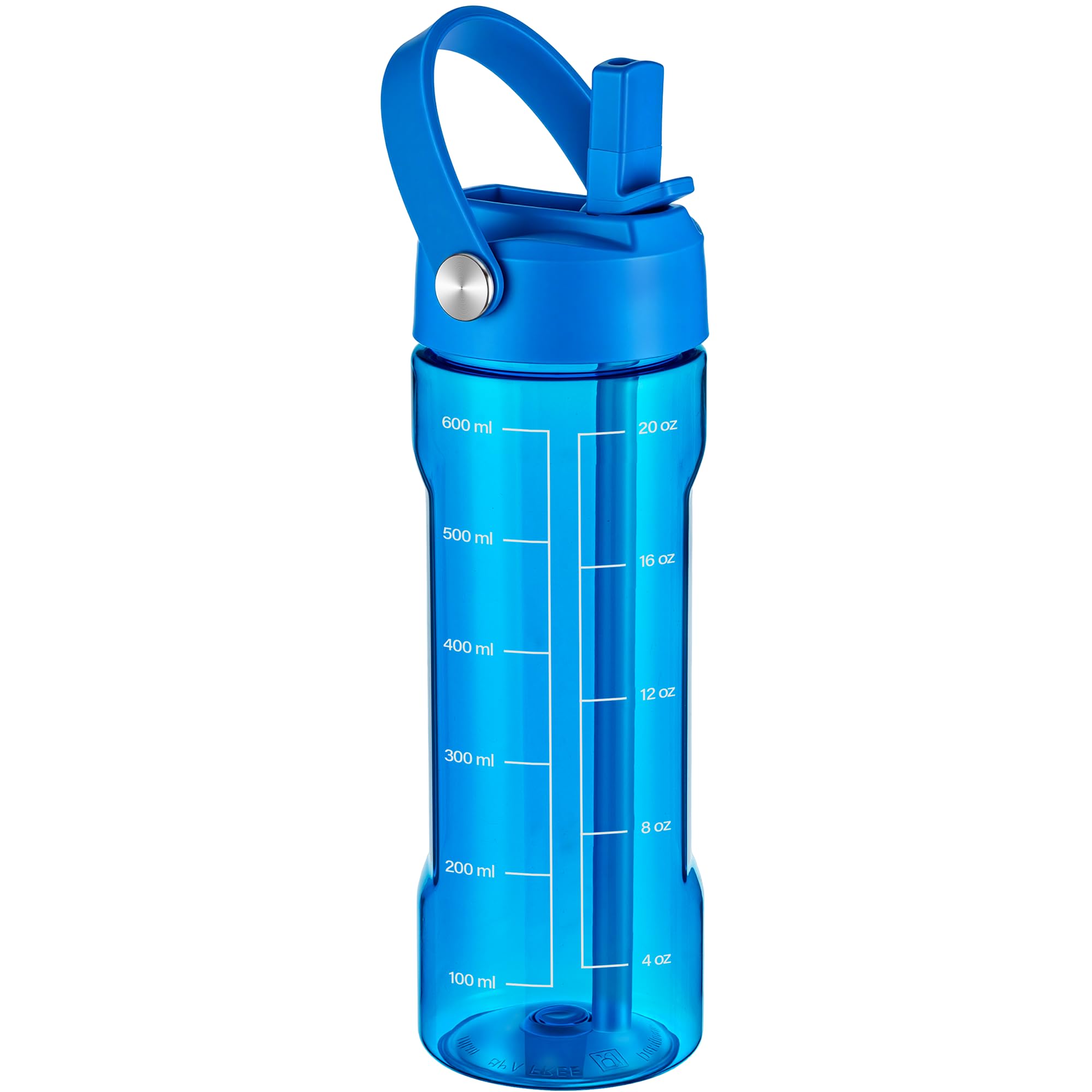 GOPPUS 600ml/20oz Clear Water Bottle with Straw, Tritan Leakproof Sports Drinking Bottle, BPA Free Wide Mouth Gym Bottle with Handle and Measurement Marks for School, Gym, Travel (Blue)