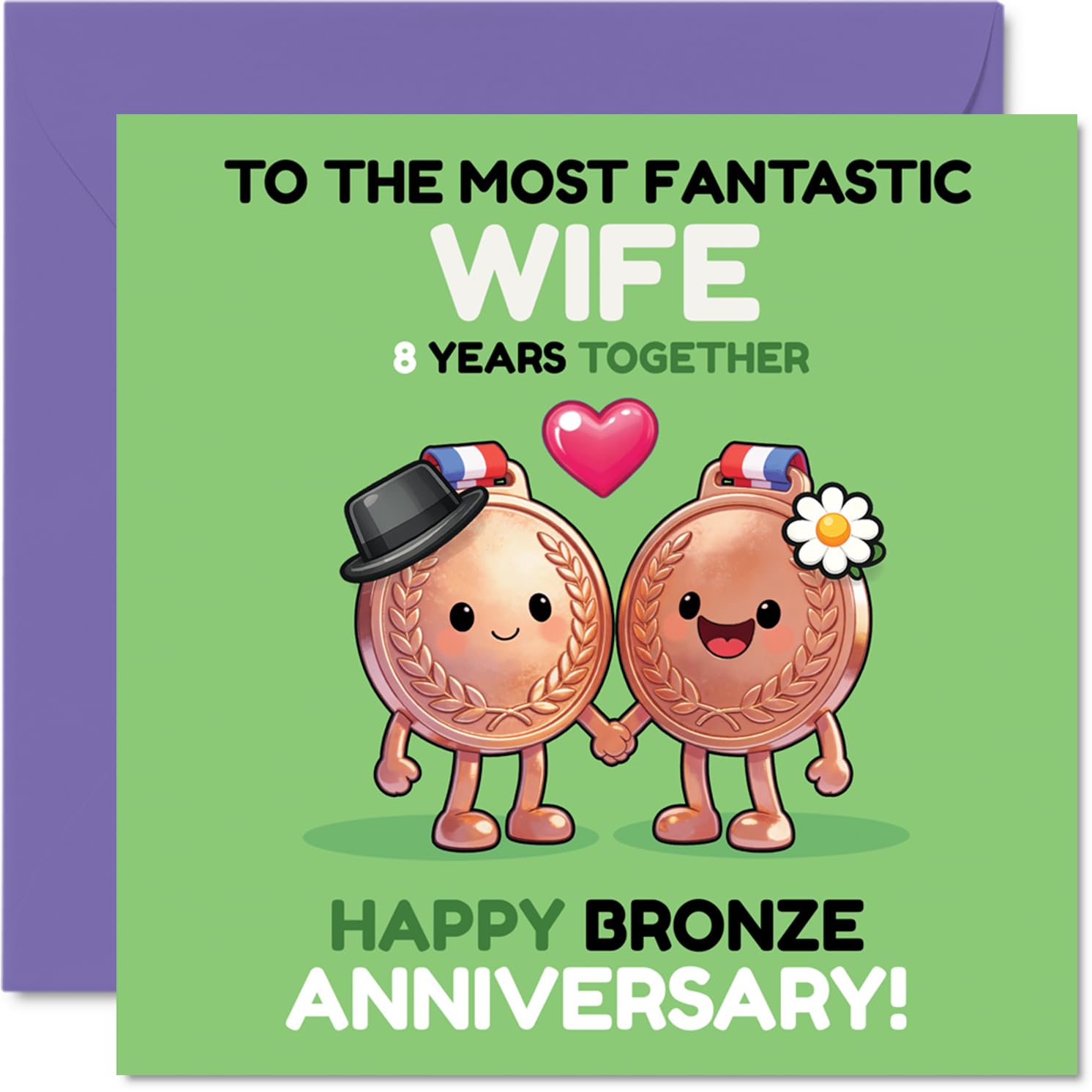 Playful 8th Anniversary Card for Wife - Celebrating 8 Brilliant Years - Cute Medal Couple and Hearts Design - 145mm Square, Envelope Included