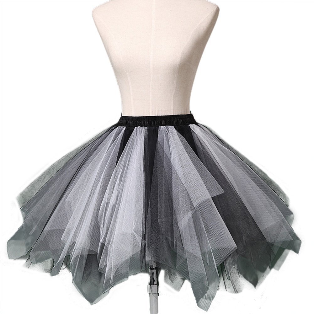 Womens Mini Ballet Multi-Layer Ruffle Frilly Petticoat Bubble Tutu Costume Skirt (L, White&Black&Grey)