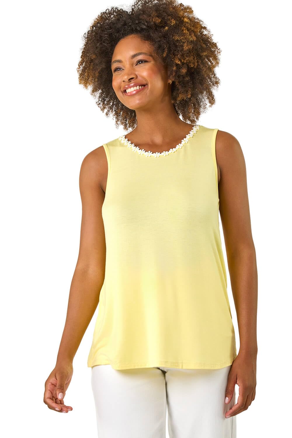 Roman Originals Women's Yellow Daisy Neck Trim Vest Top For Uk - Everyday Autumn Winter Round Neckline Comfy Soft Evening Vacation Work Party Night Out - Size 16