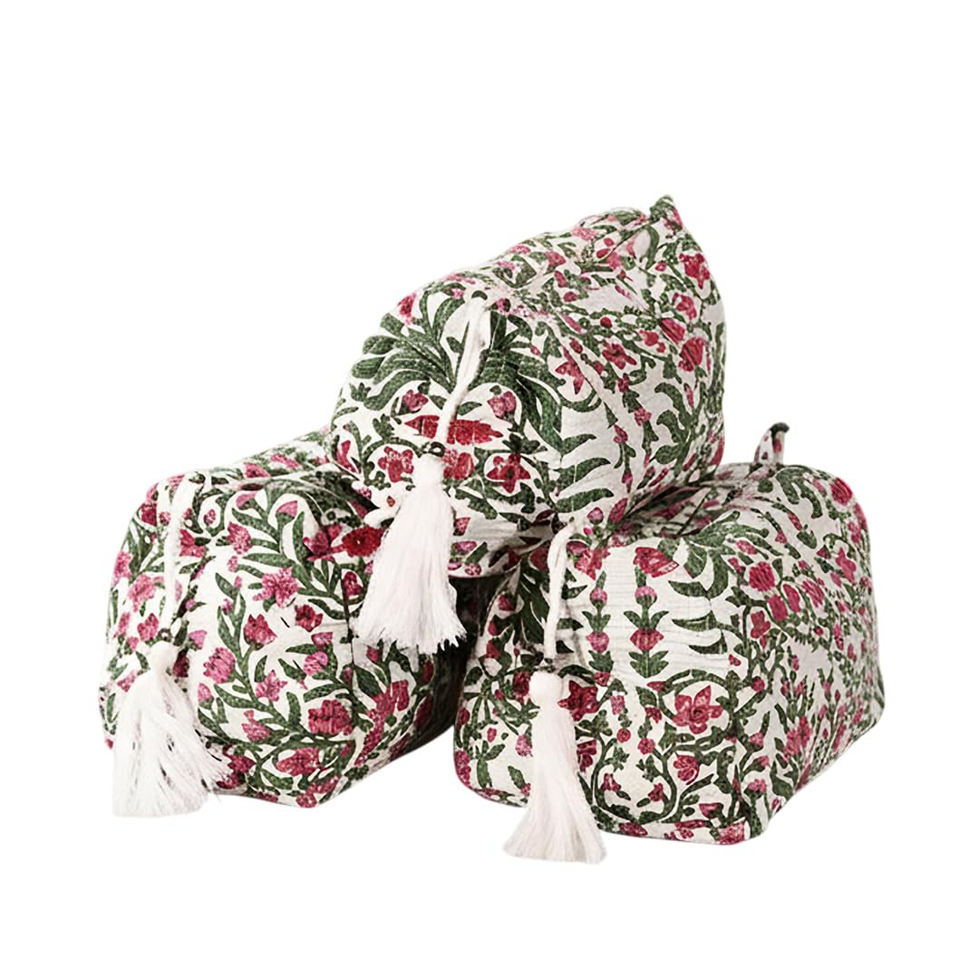 Hand Block Printed Quilted Toiletry Bag, Travel Bag, Makeup Pouch (Set of 3)-image-20
