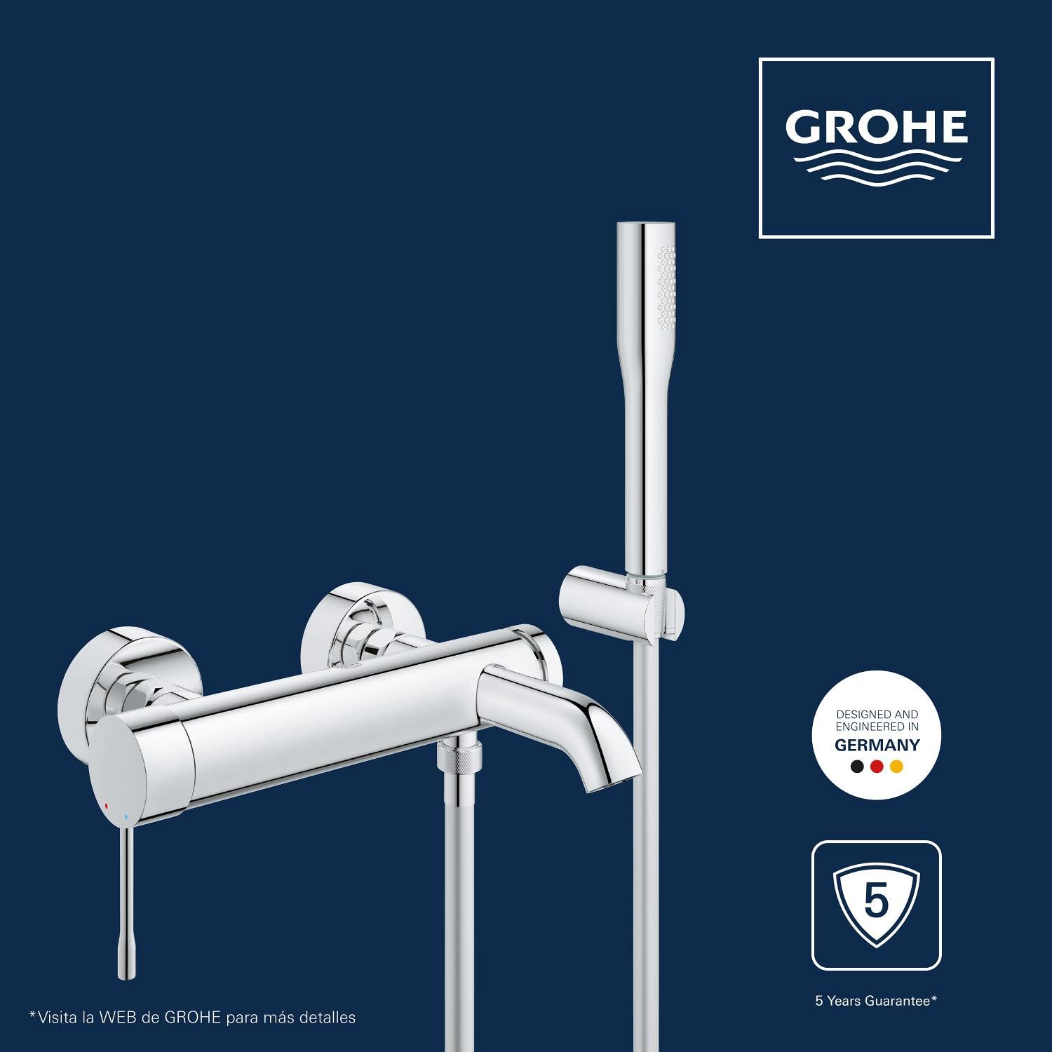 GROHE Essence – Grifería de bañera con teleducha (Set completo para la bañera, grifo de ducha con válvula antirretorno integrada, inversor automático para bañera y ducha), cromo, 33628001