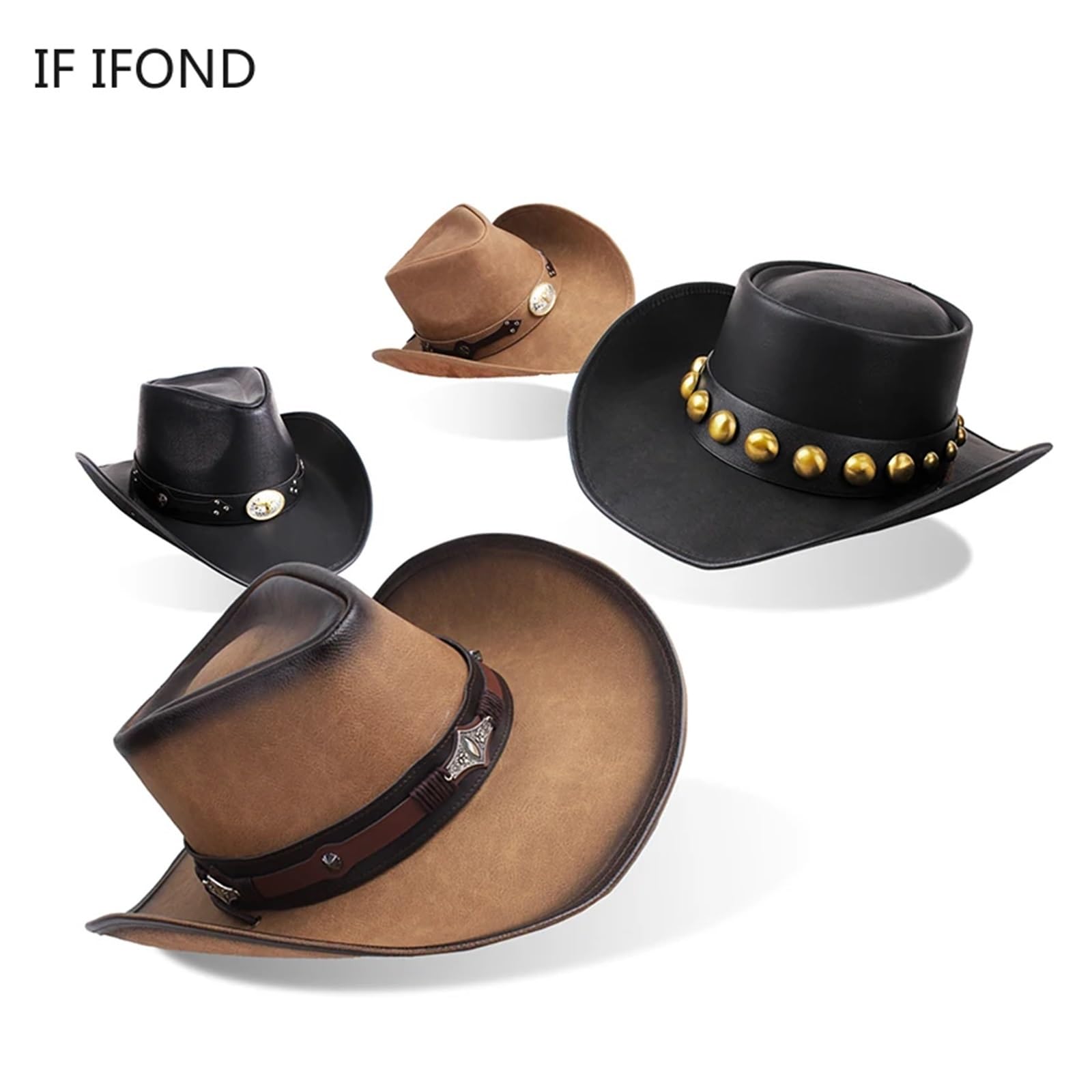Cappello Cowboy Cappello da Cowboy in Pelle Uomo e Donna, a Tesa Larga, Padrino, Gentiluomo, Chiesa, Sombrero, Berretto Jazz(Color3)