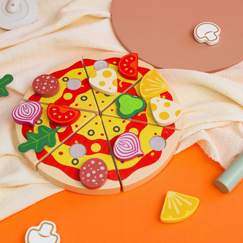 TOYARTSY Kids Pretend Play Simulation Wooden Sticky Pizza Kitchen Food Play Set – Cutting & Role-Playing Toy for Toddlers | Interactive Play Food for Imaginative Kitchen Fun 3