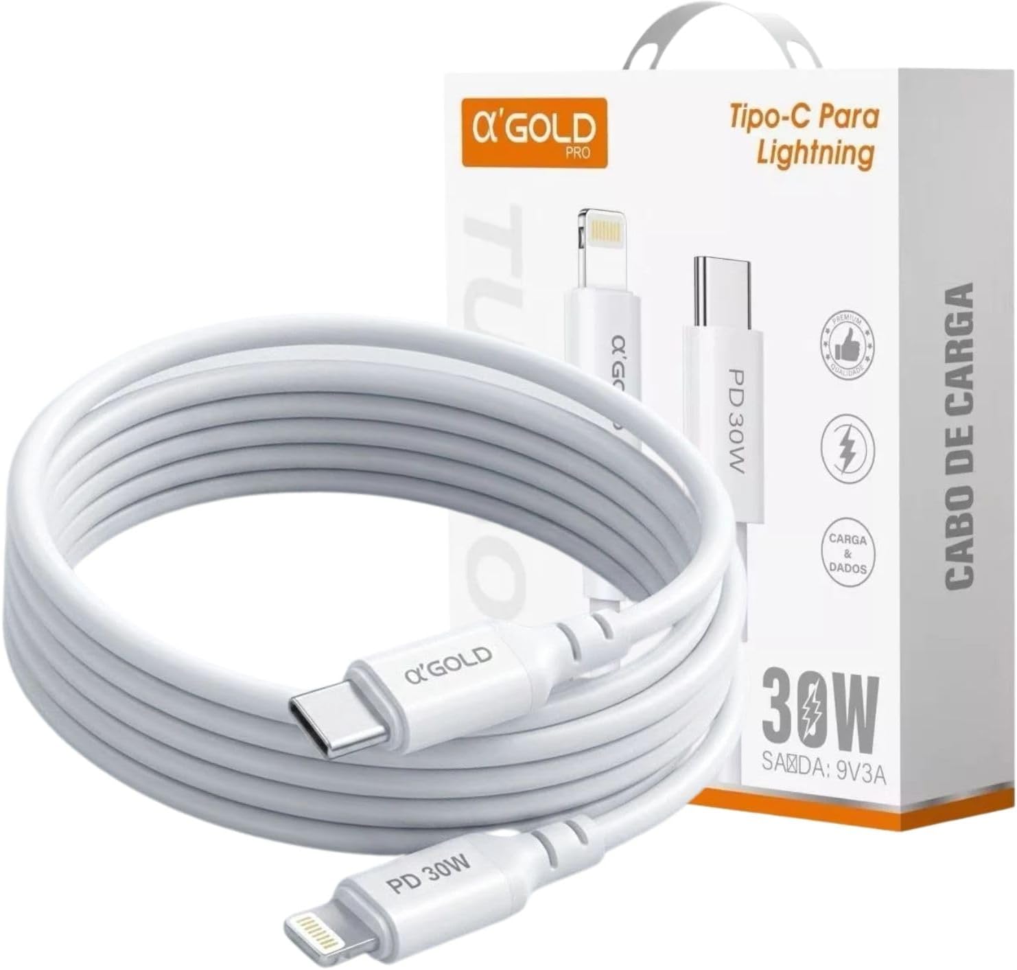 Cabo USB-C para Lightning 30W Turbo – 1 Metro, Cabo Reforçado Trançado, Ponta em Alumínio, Carregamento Rápido PD – Para iPhone, iPad – Branco