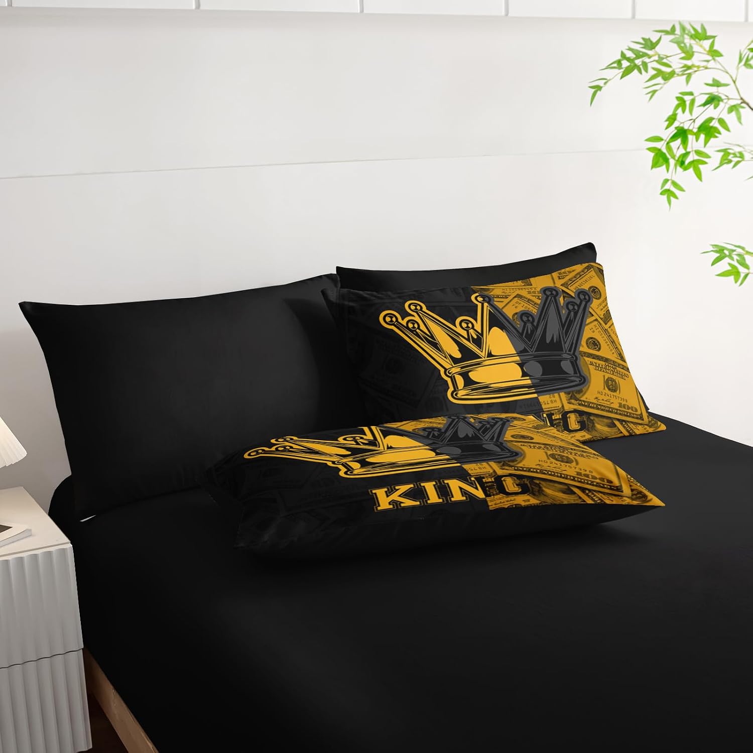 AILONEN 7-Piece Black and Gold Comforter Set Queen Size,Boys Girls Bed in a Bag,Money Pattern Dollar Design Crown Comforter & Fitted Sheet & Flat Sheet & 2 Pillowcases,2 Pillow Shams