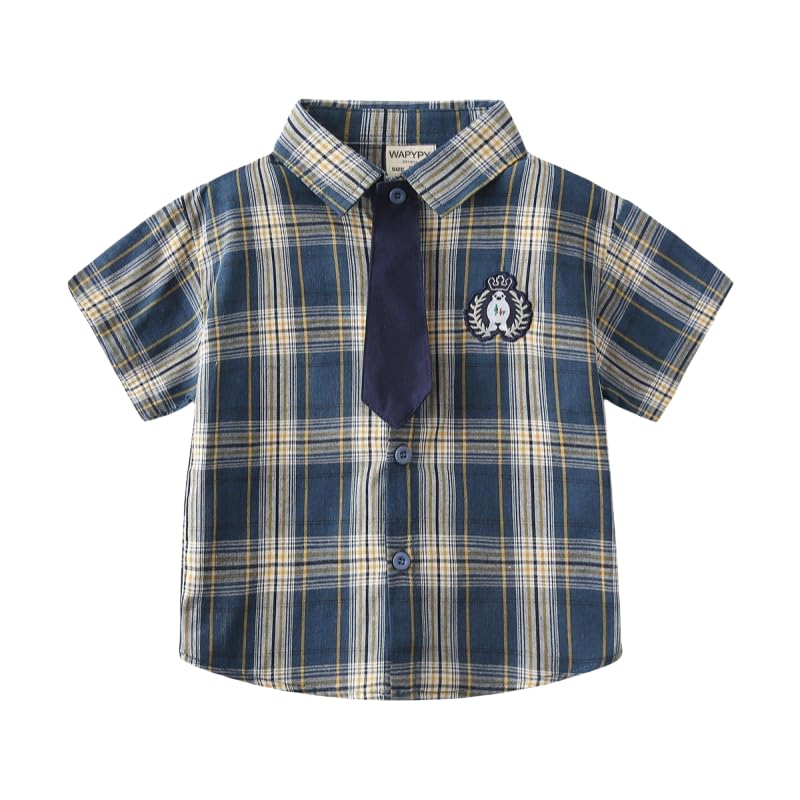 Boys Button Up Henley Shirt Plaid Solid Short Sleeve Summer Casual Formal Uniform Dress Shirts Tees Tops with Tie (Navy,18 Months)
