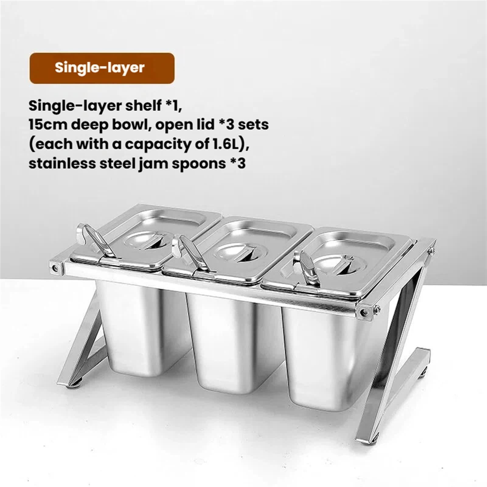Contenitori per condimenti regolabili in acciaio inox con coperchi e cucchiai, perfetti per cucina, buffet, cibo e uso domestico, durevoli, eleganti e facili da pulire