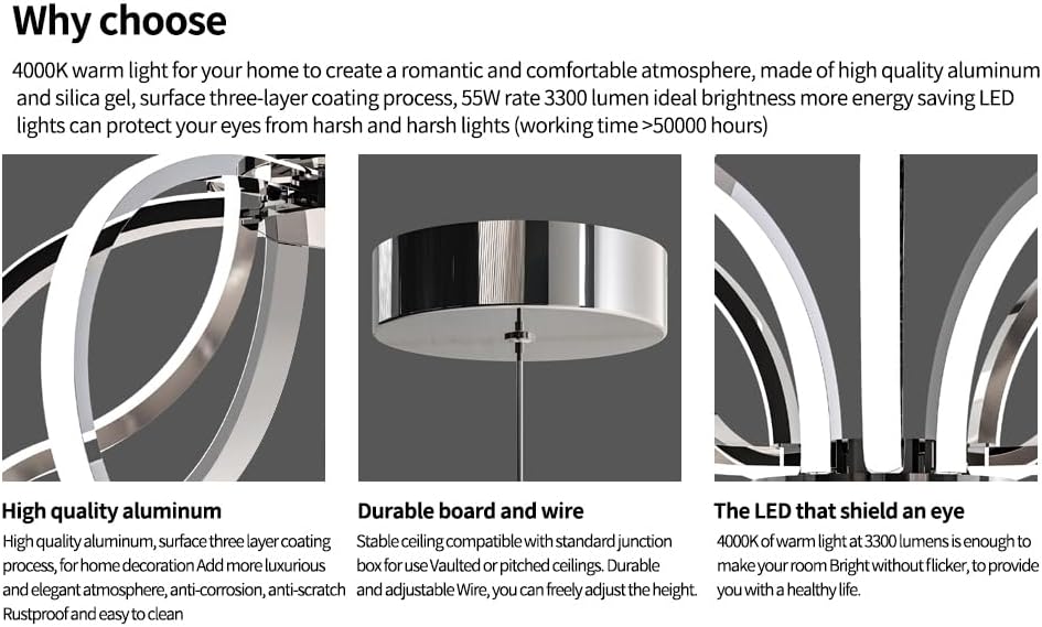 Miniatura 6 de Candelabro LED moderno, luces colgantes cromadas, fácil de instalar, adecuado para comedor, sala de estar, dormitorio, cocina y pasillo (10 luces,