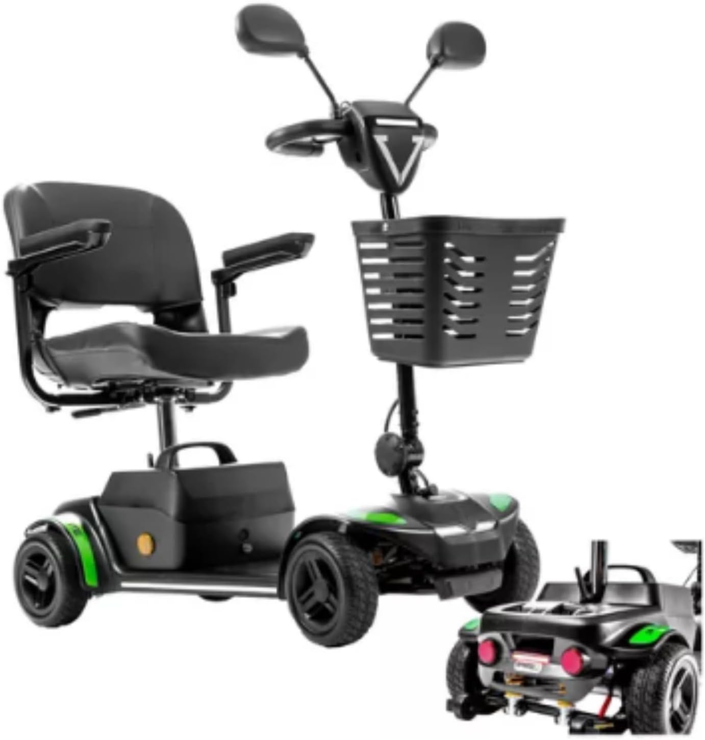 Scooter motorizado em perspectiva 3D, fundo branco.