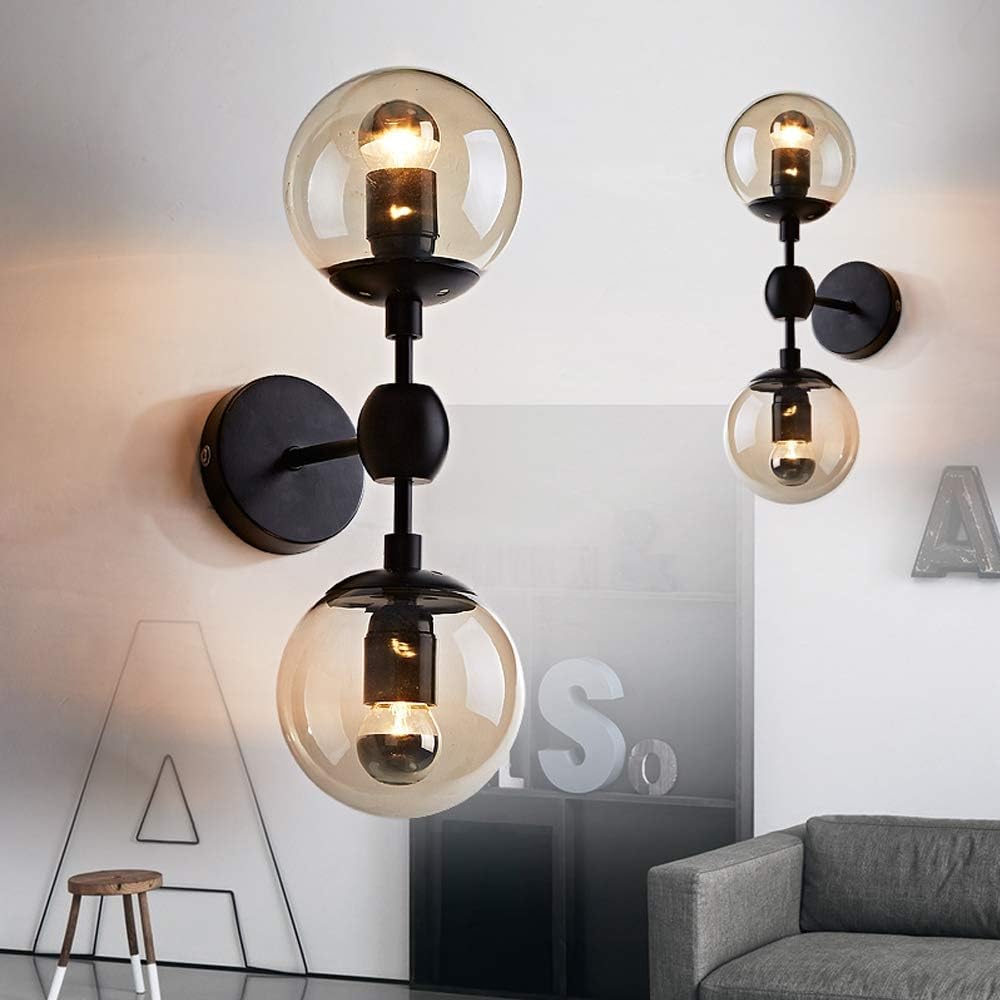 Bіg Sаlе KCO Lighting Industrial Wall Sconce Lighting Black Wall lamp 2 Lights Mid-Century Vanity Light Fixture with Globe Glass Shade for Bedroom Study Room,Bathroom Restaurant (A)