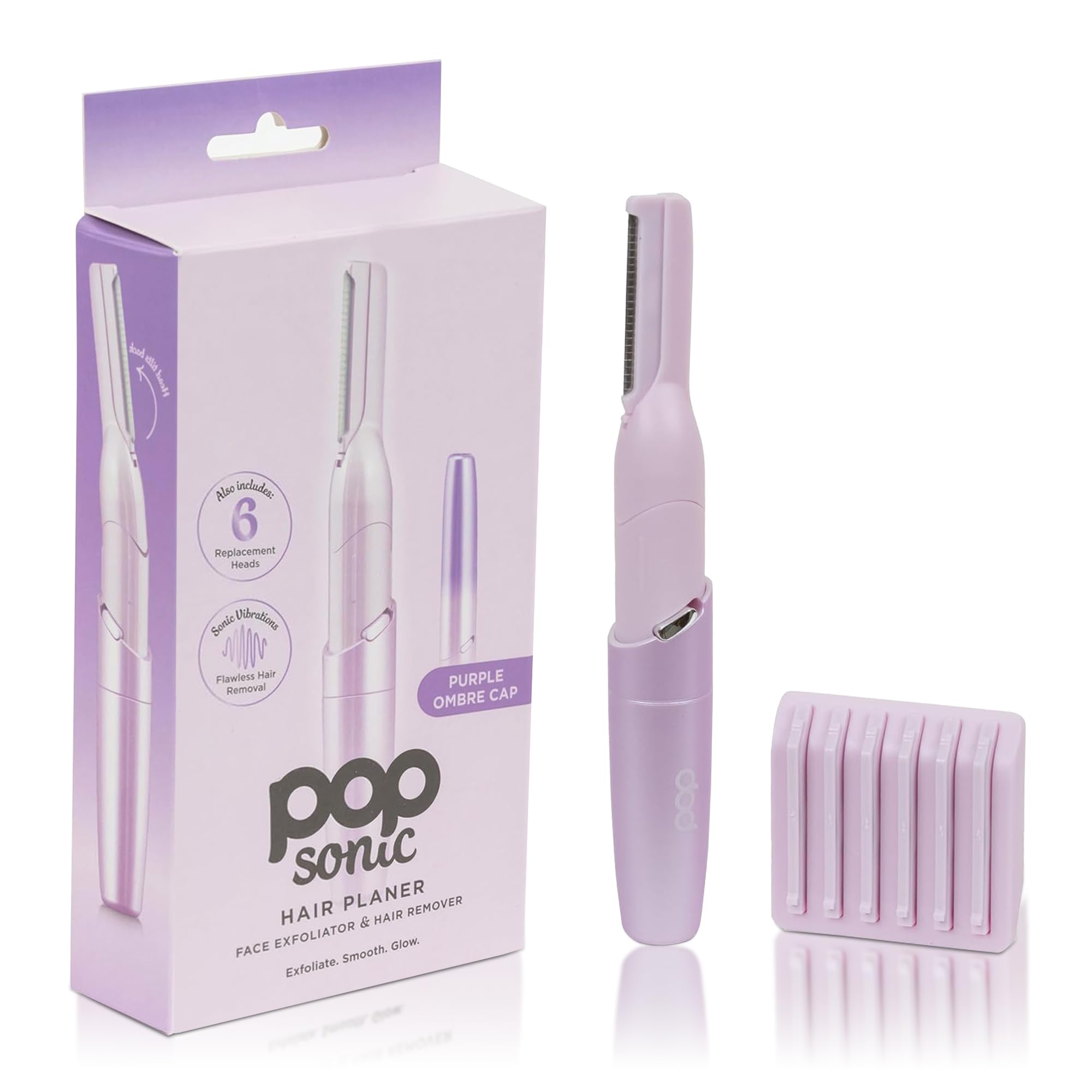 Facial Hair Planer for at-Home Dermaplaning (Purple Ombre) – Reusable Battery Operated Dermablade for Face w/ 6 Replacement Heads – Face Exfoliator Razor for Smooth and Glowing Skin