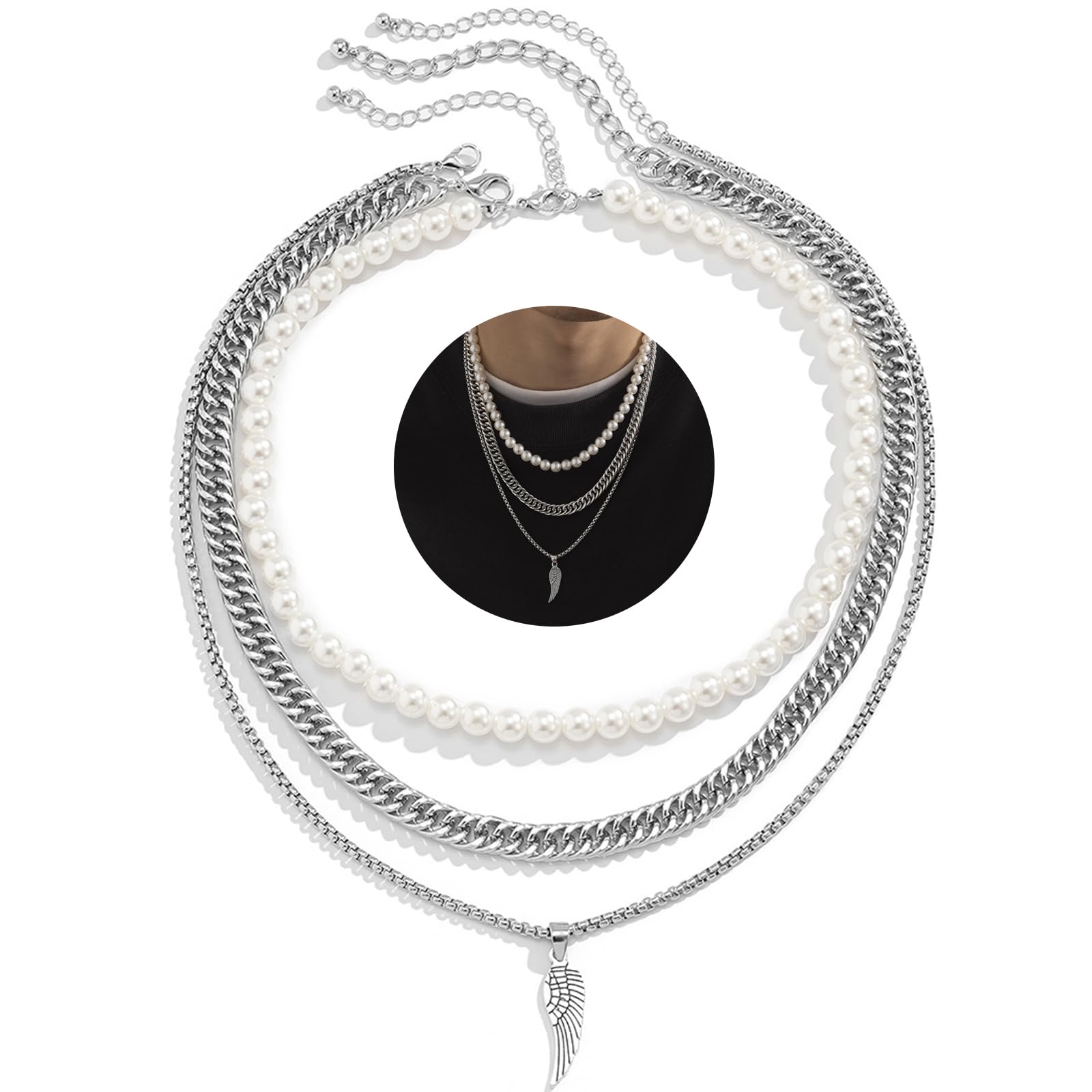 DGUSO Collar multicapa colgante perlas y acero 17 Pulgadas , Collar Hombre Perlas y Acero inoxidable, Juego de 3 collares Perlas y Acero inoxidable con forma de Pluma Para Hombre, Collares Unisex