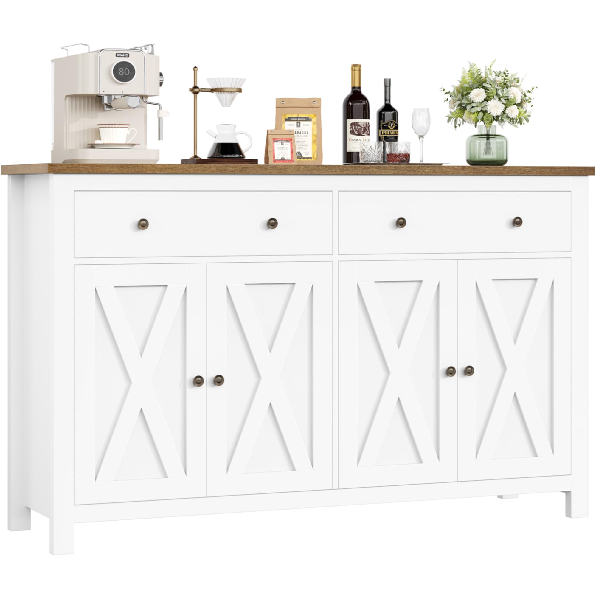 FirFurd Sideboard 140cm Breit Küchenschrank mit Arbeitsplatte Buffetschrank mit 2 Schubladen und 4 Türen Küchenbuffet mit Verstellbares Regal Sideboard für Küche Wohnzimmer Esszimmer weiß 140x89x40 cm