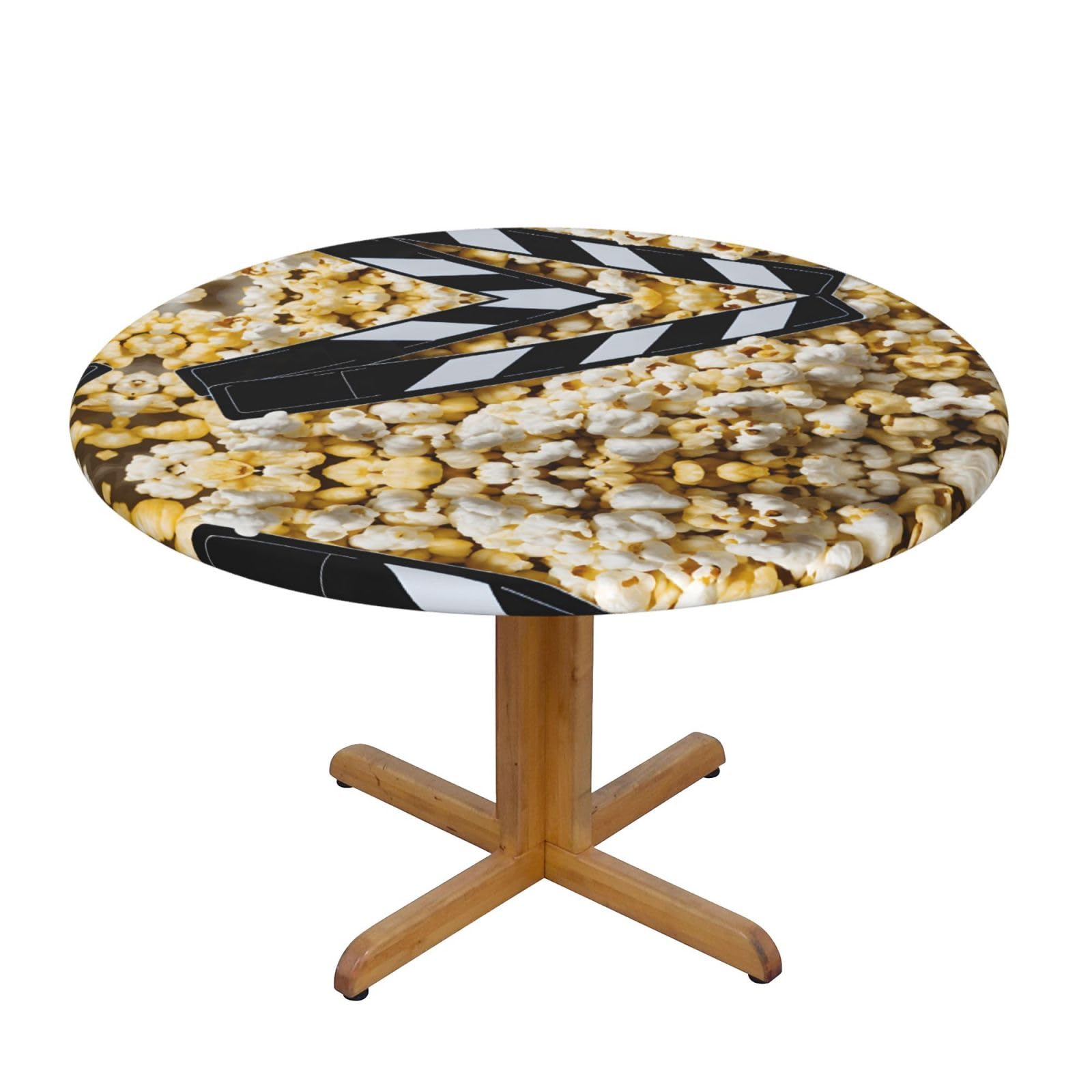 ESNAIUVCD Cinema Movie Clapboard And Popcorn print Waterproof Round Tablecloth,Outdoor Table Cloth with Elastic Edged, Elastic Tablecloth Wipeable, Garden Table Cloth Suitable for sizes 90cm-140cm