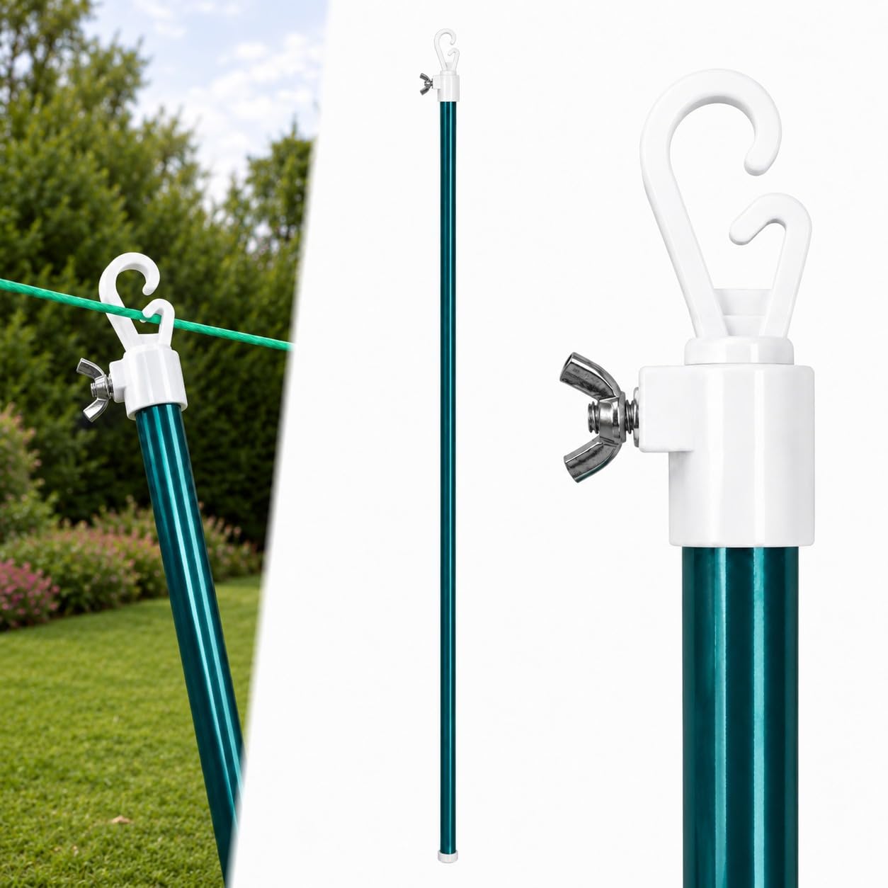 Washing Line Pole Heavy Duty 2.4M, Adjustable Clothes Line Prop with Hook & Screw Lock, Extendable Clothesline Support Pole for Outdoor Garden Laundry Drying, Anti Sagging Laundry Support