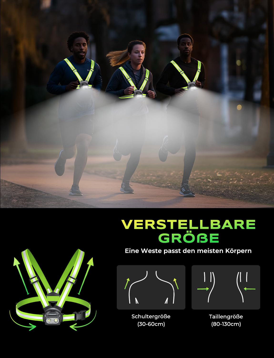 500 Lumen Lauflicht, Lauflampe Joggen mit 360° Reflektoren, Wiederaufladbar Brustlampe, 45° Verstellbar, 7 Modi & IPX4 Wasserdichter Running Light Stirnlampenzubehör für Nachtlauf