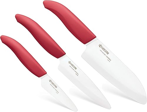 Kyocera 610446-FK-3PC-WHRD Juego de cuchillos de la serie Advanced Ceramic Revolution de 3 piezas, tamaños de hoja 5.5", 4.5", 3", rojo