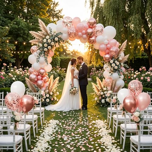 Image of Hiquaty Rose Gold Balloons,60pcs Rose Gold and White Balloons 12 Inch,Rose Gold Ribbon for New Year Wedding Bridal Shower Party Decorations