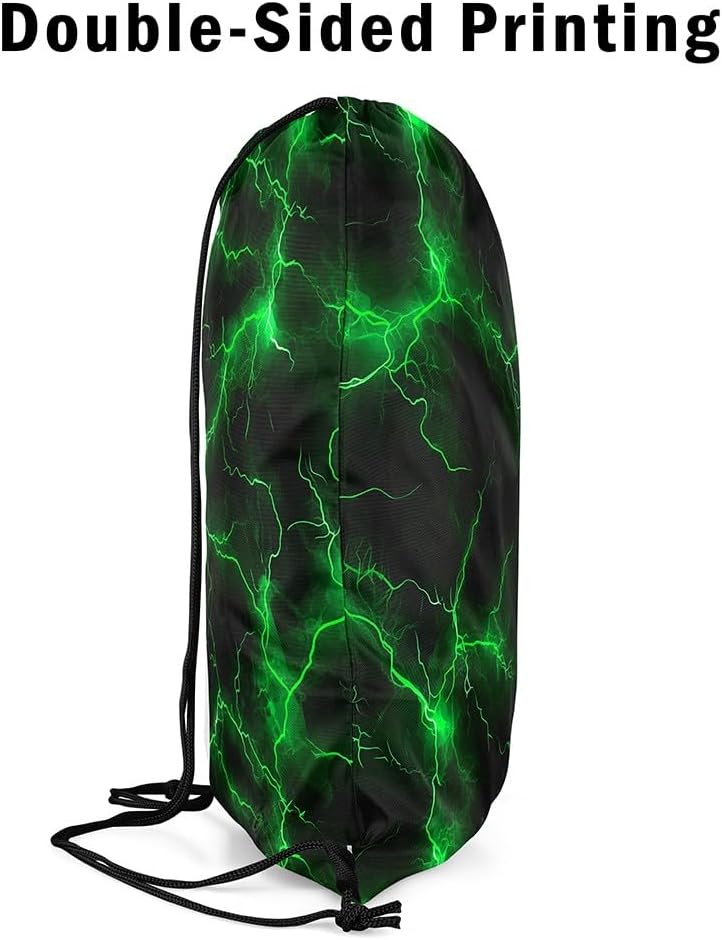 Castle Fairy Green Lightning Drawstring Backpack 13"x16" Natural Lightning Green Neon Light Gym Sports Cinch Bag Sackpack for Women Men Abstract Geometric Lines Print Drawstring Bag for Yoga