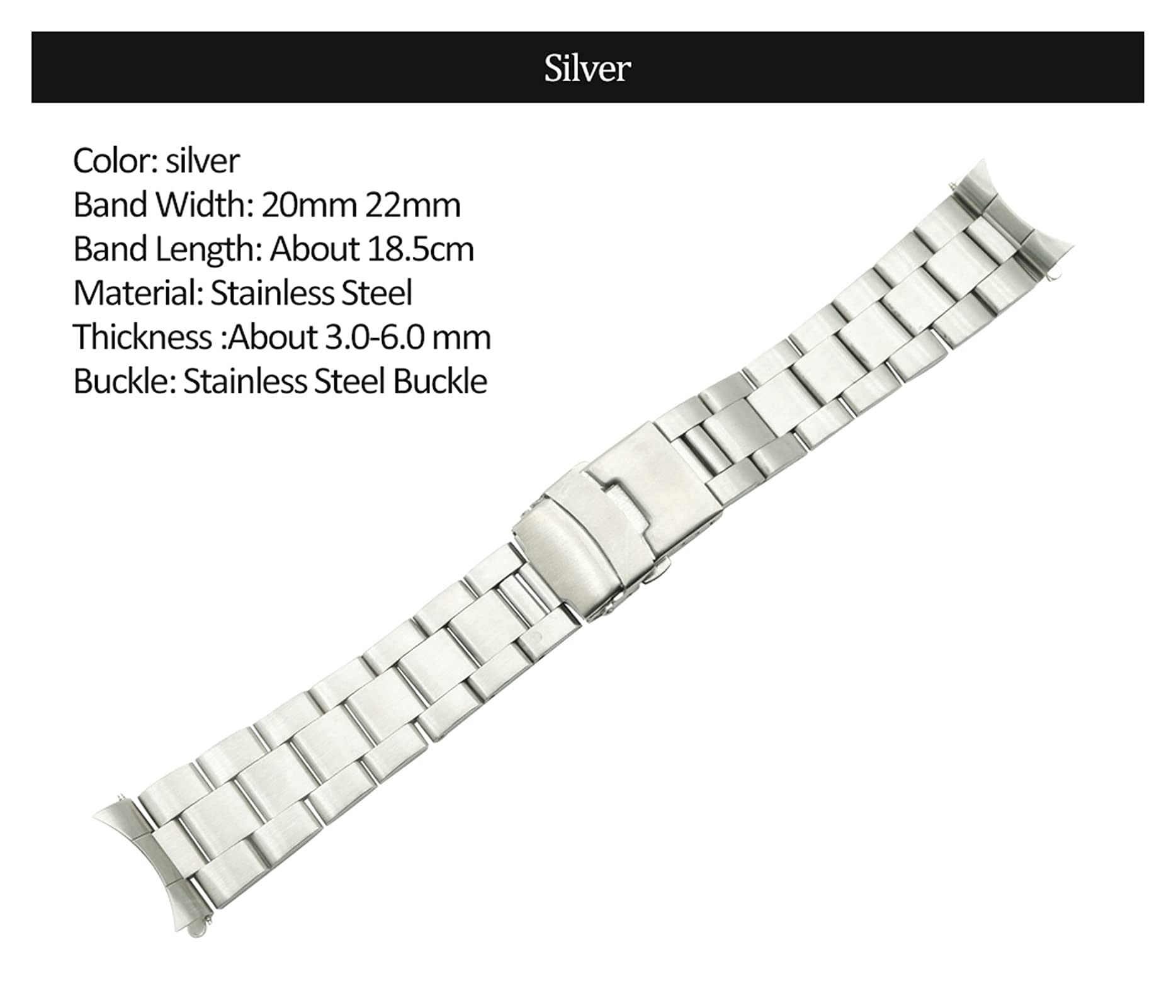 Bracelet de montre incurvé en acier inoxydable de 20 mm et 22 mm - Pour homme et femme - Double fermoir - Boucle de rechange