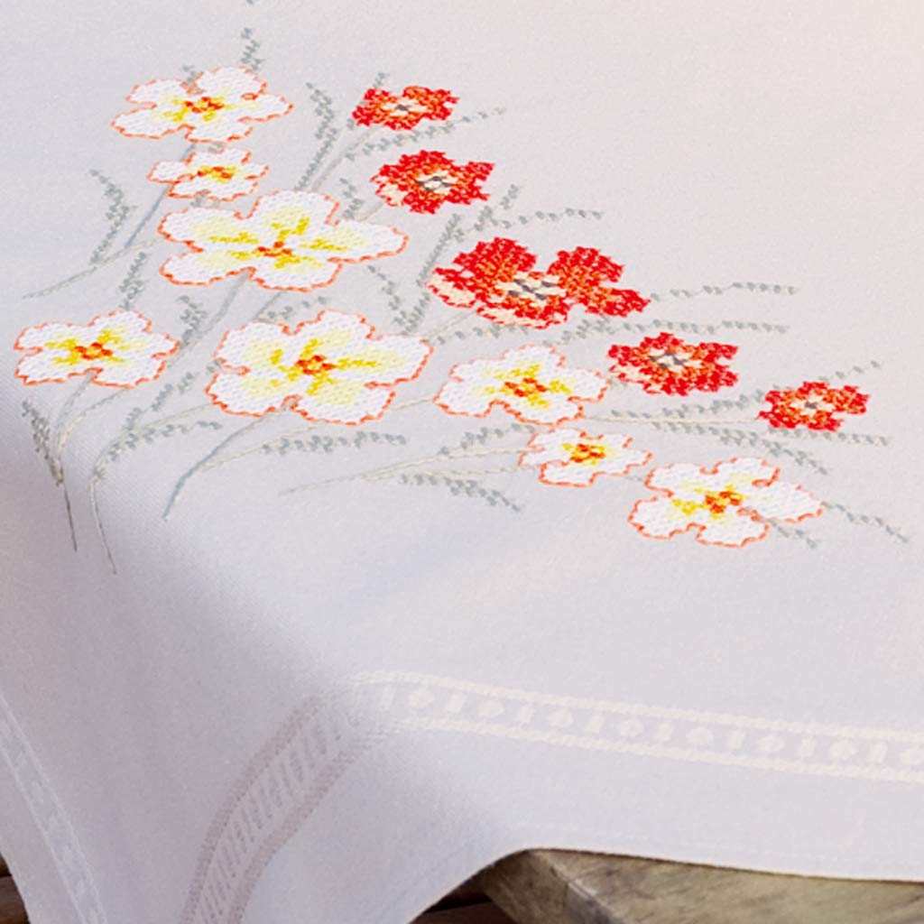 Vervaco Ricamo Punto Croce Kit Prestampato Tovaglie PAPAVERI E FIORI DI VANIGLIA Biancheria Da Tavola Set Fai Da Te Creativo 80 x 80 cm Kit Hobby Creativi Adulti Casa Decor Cross Stitch Embroidery