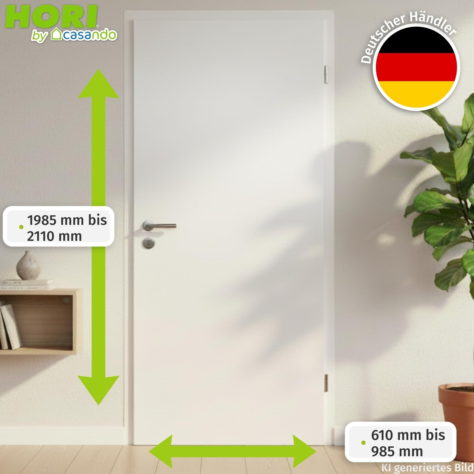HORI Zimmertür Komplettset mit Zarge und Edelstahl Türdrücker I Innentür CPL Weiß RAL9010 I Größen und Schloss wählbar - 1985 x 735 x 330 mm - DIN Rechts