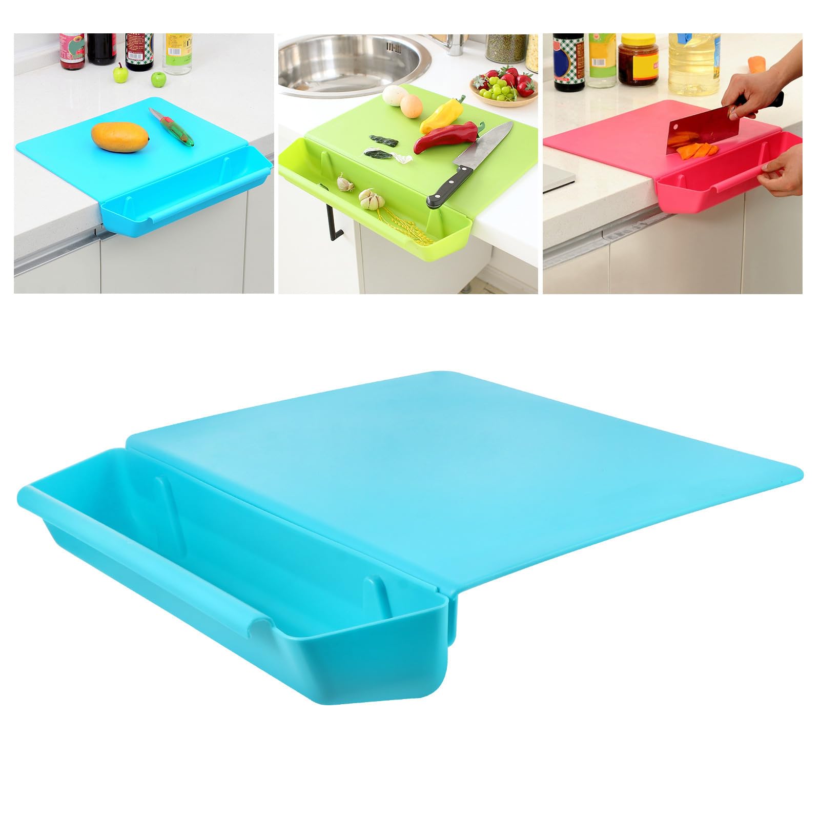Planche à Découper avec Fente, Deux-en-un, Pp Bleu, Fruits et Viande | Surface Givrée, Panier Intégré, Base Auto-adhésive Antidérapante, Usage la Cuisine, Stabilité Renforcée