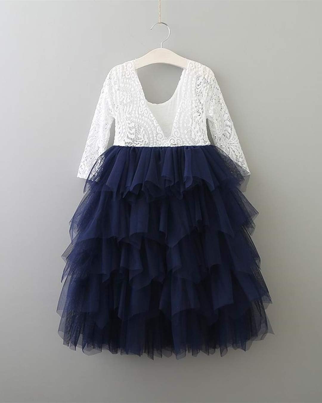 Topmaker Backless A-line Lace Back Flower Girl Dress 3T Non-beaded-sleeve-navy