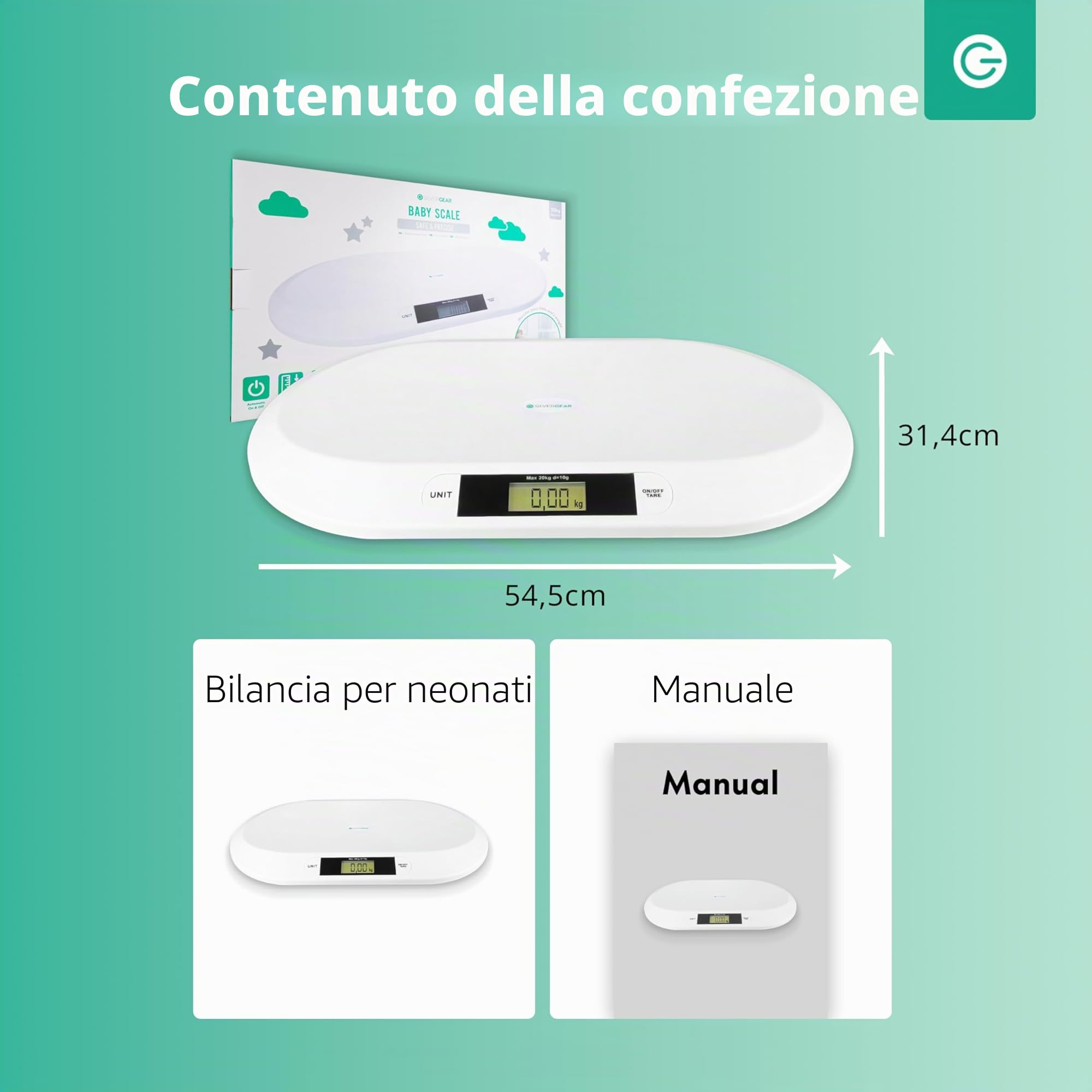 Silvergear® Bilancia digitale per Bambini | Fino a 20 kg | Bilancia Digitale per Neonati | Indicatore LED | Controllo del peso dalla Nascita | Bilancia per Animali | 54,5 x 31,5 x 3,5 cm | Bianco