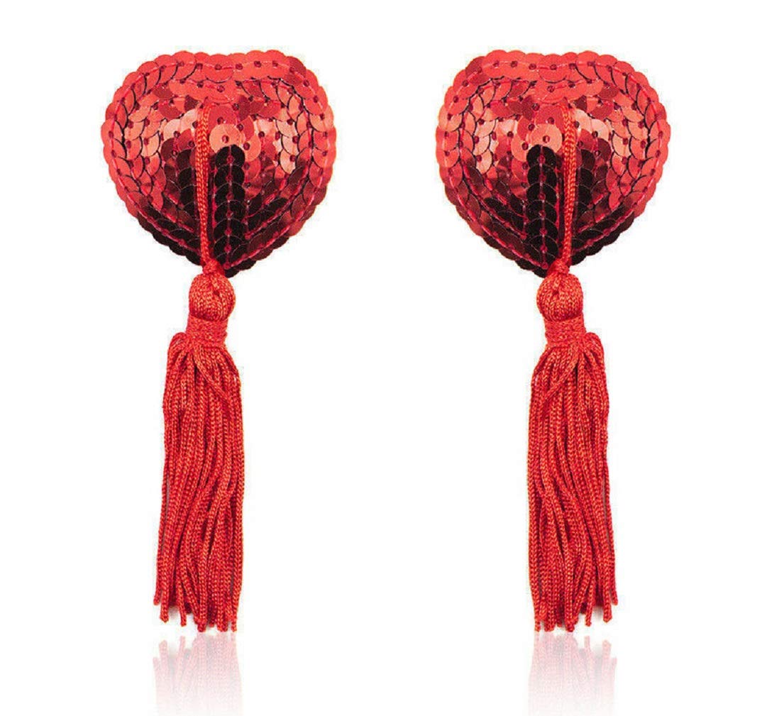 L&L® Pair of Heart Nipple Tassels Pasties Self Adhesive Breast Covers Tassles Gift (Red)