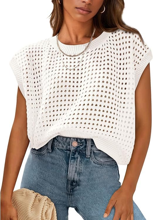 Danny D Women's Crewneck Crochet Top Summer Hollow Out Beach Cover Up Through Top Knit Pullover Short Sleeve Tees Shirts3