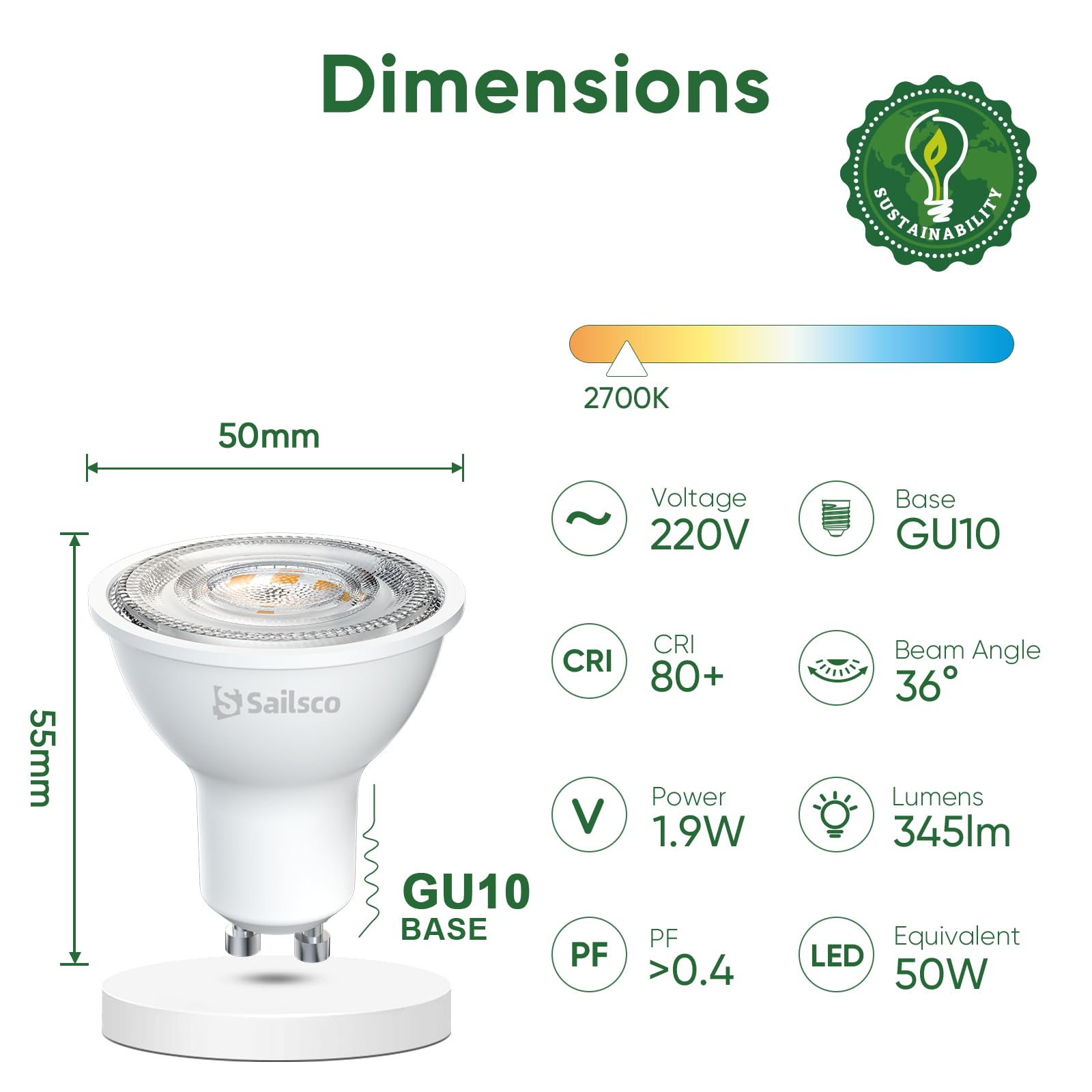 Classe A Ampoule GU10 LED Blanc Chaud Spot,1.9W équivalent 50W,345LM 2700K Ampoule LED GU10 Blanc Chaud,36° Angle Du Faisceau,Non-Dimmable,Lot de 12