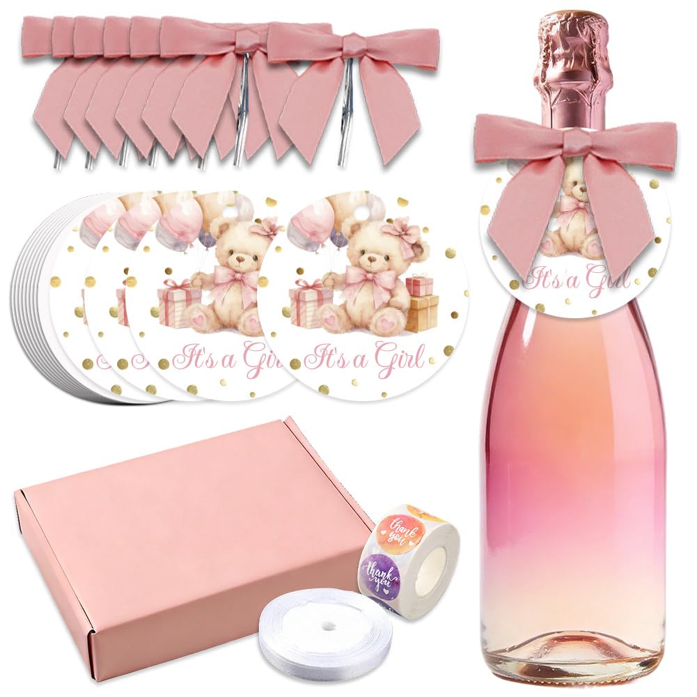 arricraft 100 Set Teddy Bear Bottle Tags, It's A Girl Wine Champagne Bottle Favor Tags Labels with Bows and Ribbon for Shower, Bridal Shower, Party Gift Wrapping