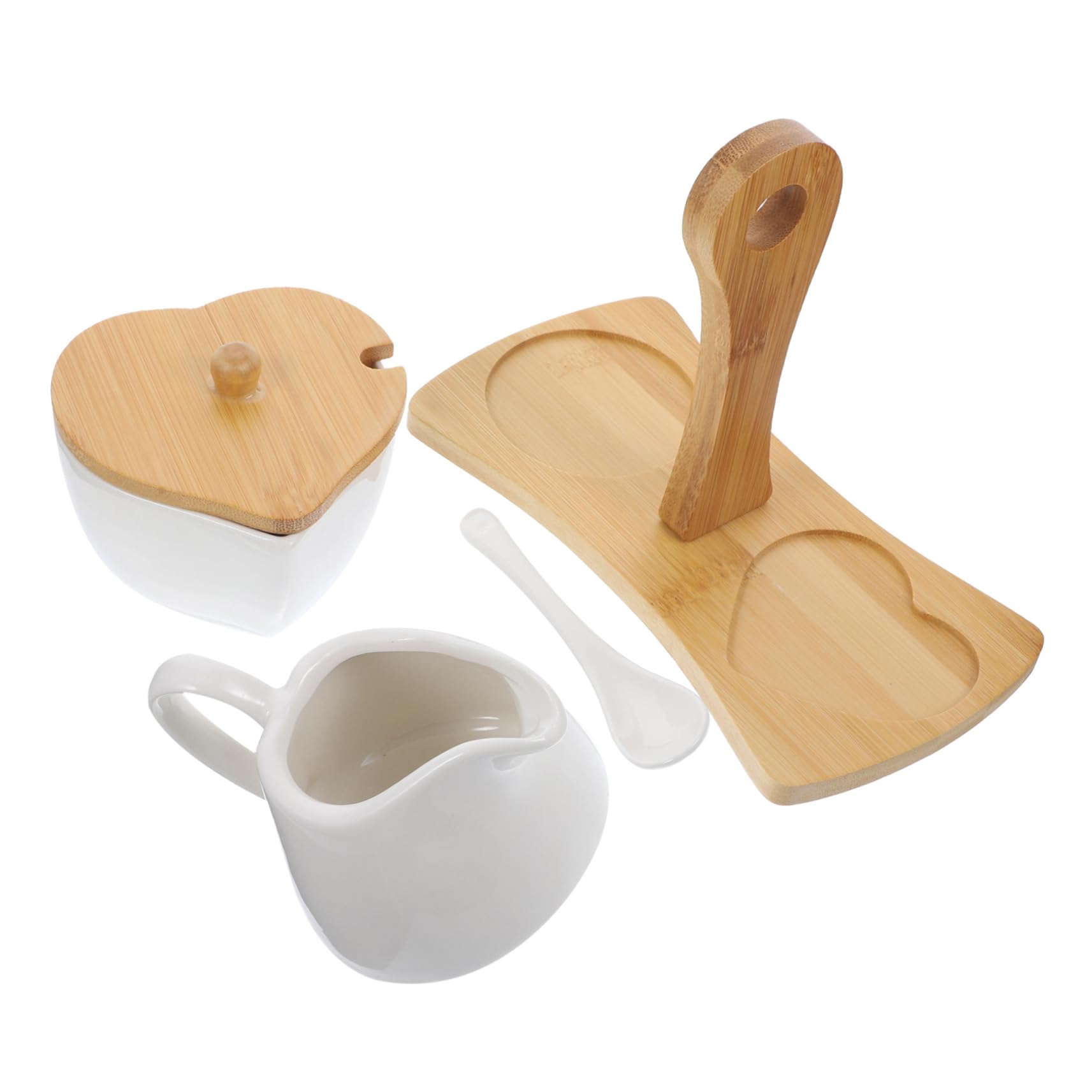 MAGICLULU Azucarero y Lechera Cerámica con Bandeja De Bambú y Cuchara Set para Crema y Azúcar para Cocina y Mesa Dulce Hogar y Hotel