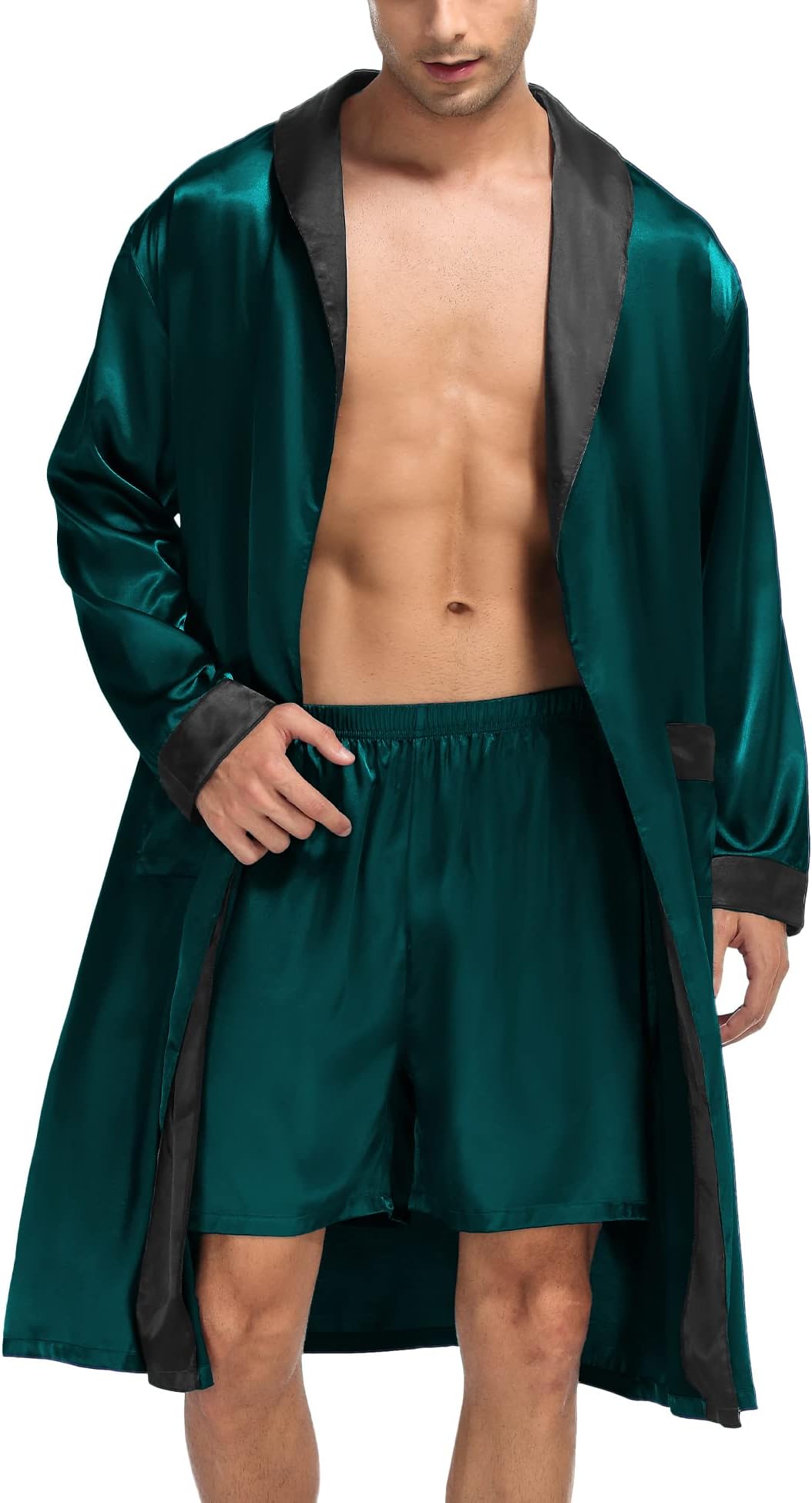 Men's Satin Robe with Shorts Set Silky Kimono Bathrobe Lightweight Soft Sleepwear