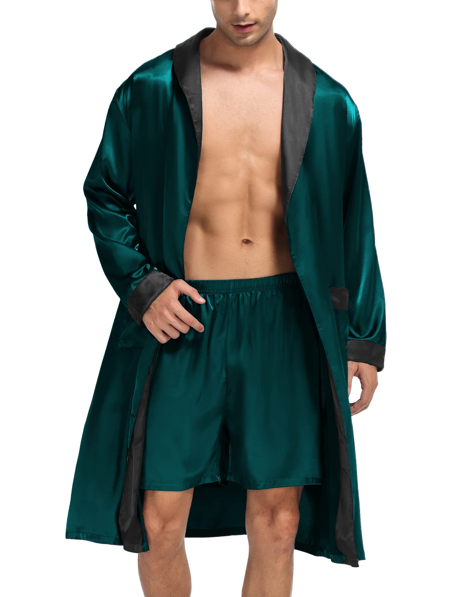 SWOMOG Men's Satin Robe with Shorts Set Silky Kimono Bathrobe Lightweight Soft Sleepwear