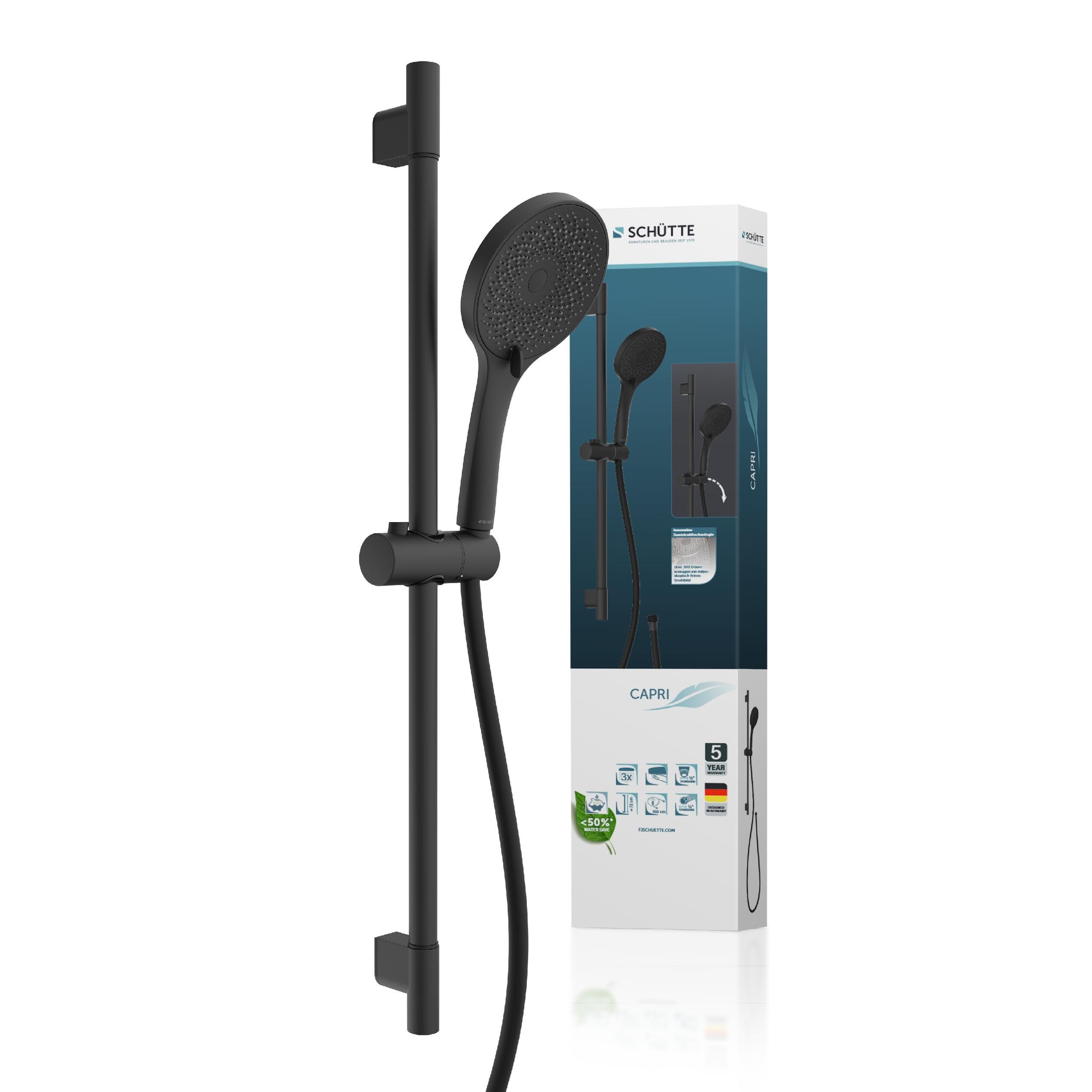 Schütte 64296 Capri Duschstange und Handbrause | Duschbrause mit 3-Fach verstellbarem Duschkopf | Brauseset mit Duschsäule | Duschkopf mit Schlauch und Halterung | Regendusche Duschpaneel | Schwarz