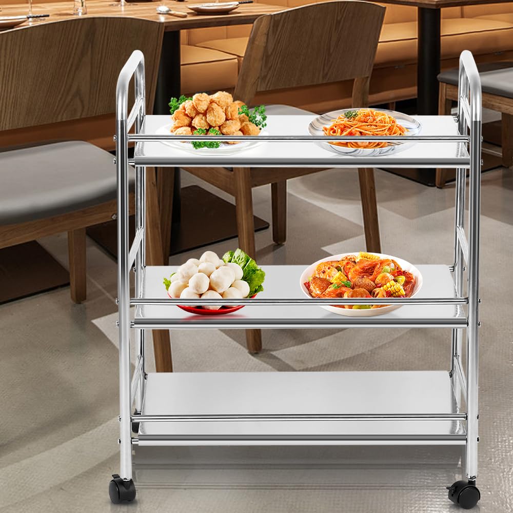 XANNI Carrello di servizio in acciaio inossidabile, carrello da laboratorio a 3 livelli con recinzione, con 4 ruote girevoli e freni di parcheggio, 61 x 36 x 75 cm