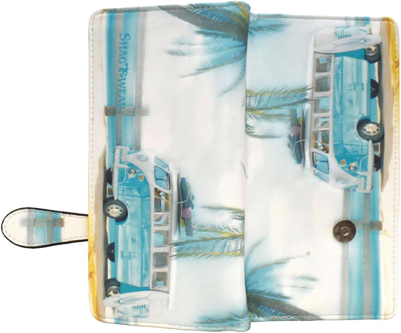 Shag Wear Surfin USA VW Beach Large Wallet Vegan Faux Leather Coastal Van Design Clutch with Card Slots Bill Compartments ID Window Zippered Coin Pocket 7"