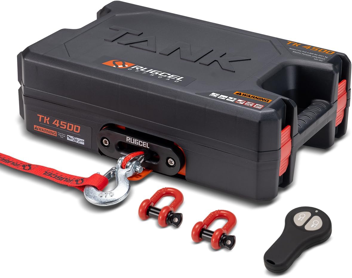 RUGCEL WINCH 12V DC Electric Portable Utility Winch 4500lb/2041kg Single Line Pull with Steel Mounting Plate